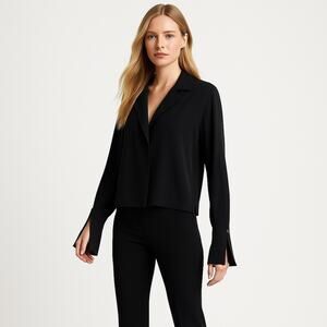 ARITZIA BABATON Black Blouse Notched Lapel Cropped Fit V Neck Long Sleeve XS